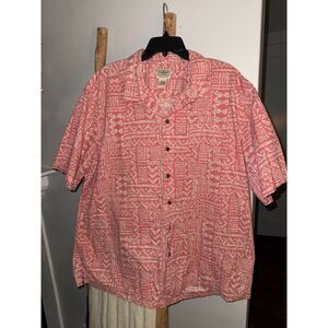 LL Bean Mens Silk XXL Red Beige Tribal Print Short Sleeve Collard Shirt
